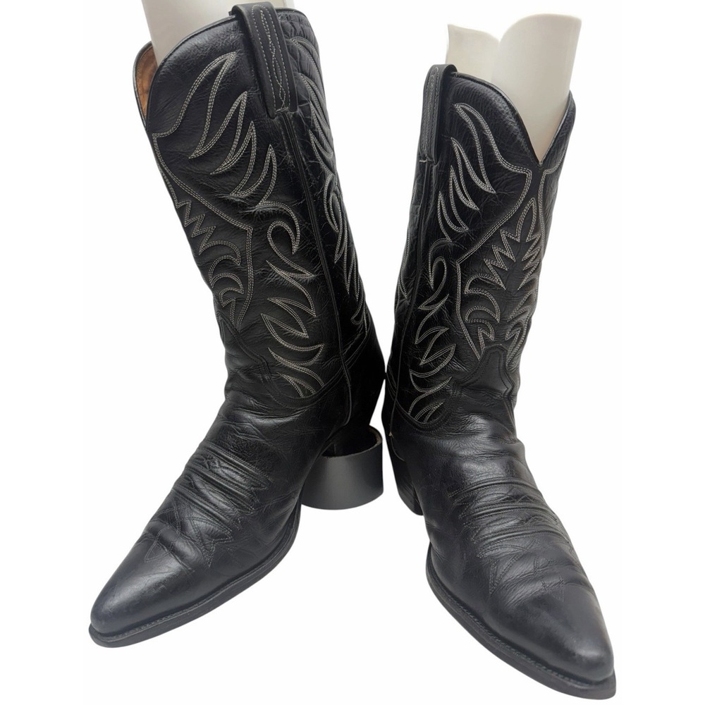 Tony Mora Black Leather Western Cowboy Boots Women's Size 10.5 Spain Pointed Toe